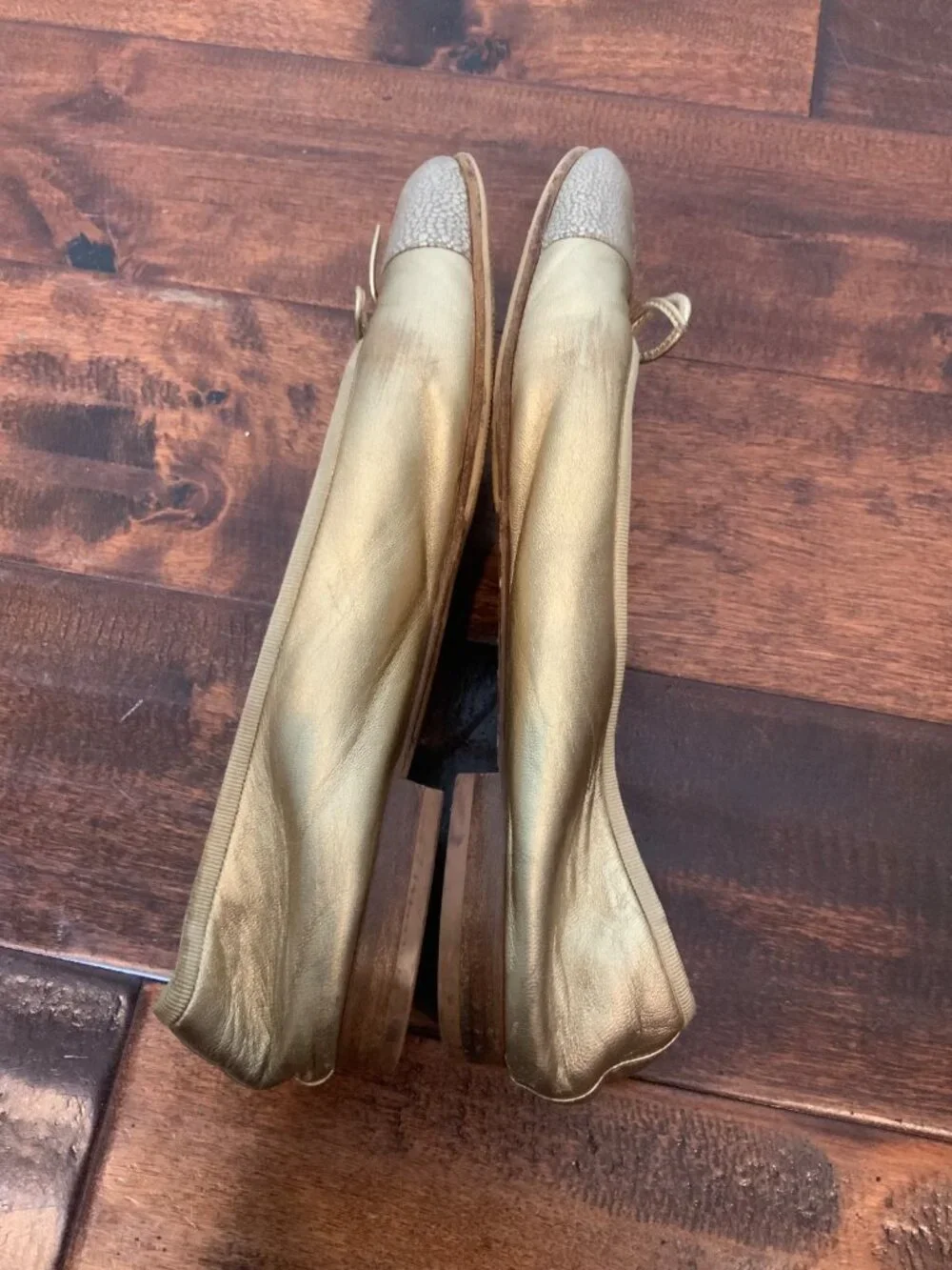 Chanel Gold Leather Bow Pebbled Toe Cap Ballet Flats, Size 11.5 | 42